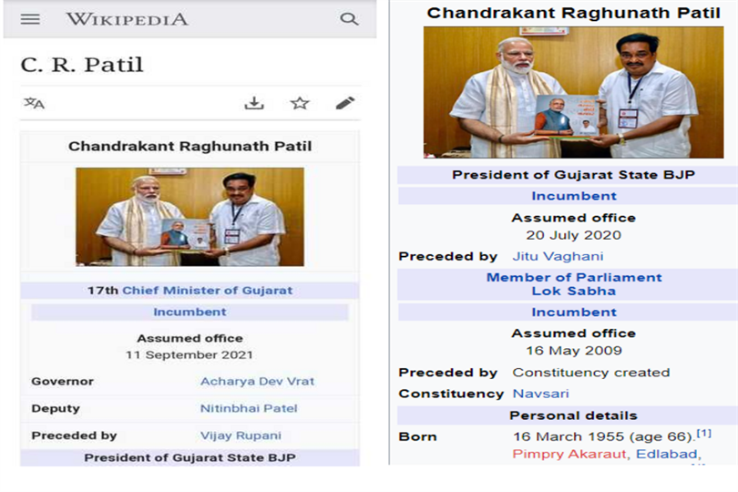 Wikipedia અનુસાર સીઆર પાટિલ ગુજરાતના ૧૭મા મુખ્યમંત્રી તરીકે જાહેર થઇ ગયા! જોકે હજુ નિર્ણય લેવાય
