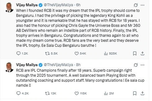RCBની જીત બાદ વિજય માલ્યાએ શું લખ્યું?